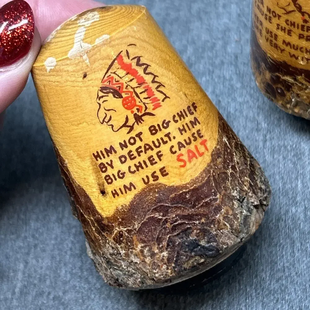 Vintage Real Wood Big Chief Squaw Novelty Salt Pepper Shakers Bark Souvenir